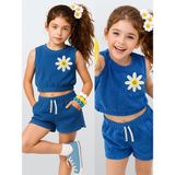Denokids Kız Çocuk Takım Papatya Çiçekli Havlu Kumaş Crop Top Şort Takım Ilkbahar Yaz 4-10 Yaş - Mavi