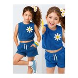 Denokids Kız Çocuk Takım Papatya Çiçekli Havlu Kumaş Crop Top Şort Takım İlkbahar Yaz 4-10 Yaş