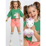 Denokids Kız Çocuk Takım Unicorn Havlu Kumaş Crop Top Üst ve Şort Takım Yazlık 4-10 Yaş - Pembe