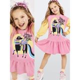 Denokids Kız Çocuk Unicorn Baskılı Pamuklu Elbise – Pembe Renkli Kollu Rahat ve Eğlenceli Tasarım (3-8 Yaş) - 6 Yaş