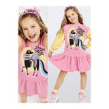 Denokids Kız Çocuk Unicorn Baskılı Pamuklu Elbise – Pembe Renkli Kollu Rahat ve Eğlenceli Tasarım (3-8 Yaş)