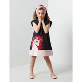 Denokids Kız Çocuk Unicorn Desenli Günlük Elbise Lacivert 7 Yaş Fırfırlı Kol Stili