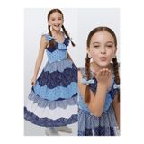Denokids Kız Çocuk Uzun Elbise %100 Pamuk Poplin Lacivert Beyaz İlkbahar Yaz Sezonu 5-10 Yaş