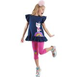 Denokids Lacivert Pembe Unicorn Kedi Fırfırlı Kız Çocuk Yazlık T-shirt Tayt Takım