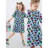 Denokids Leopar Kız Çocuk Oversize Elbise - Mavi - 7 Yaş