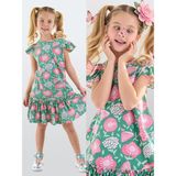 Denokids Pembe Çiçekli Kız Çocuk Yeşil Fırfırlı Elbise - 2 Yaş