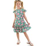 Denokids Pembe Çiçekli Kız Çocuk Yeşil Fırfırlı Elbise - 4 Yaş