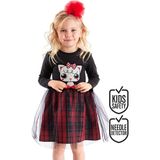 Denokids Siyah Kokoş Kedicik Ekose Kız Çocuk Tüllü Tütü Kabarık Abiye Elbise - 7 Yaş - Kırmızı