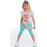 Denokids Süslü Zürafa Kız Çocuk T-shirt Tayt Takım - 7 Yaş - Mavi - Beyaz