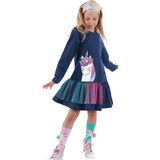 Denokids Tüllü Unicorn Kız Çocuk Elbise Uzun Kollu Lacivert Özel Olay İçin Şık Stil - 2 Yaş