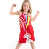 Denokids Unicorn Love Kız Çocuk Elbise - Kırmızı - 8 Yaş