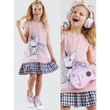 Denokids Unicorn Rock Kız Çocuk Ekose Elbise - 4 Yaş - Pembe