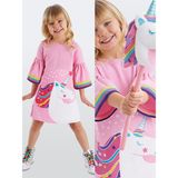 Denokids Unicorn Star Kız Çocuk Elbise Günlük Stil ile Renkli Desenli 8 Yaş - Pembe