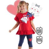 Denokids Yaramaz Kedi Kız Çocuk T-shirt Tayt Takım - 2 Yaş - Kırmızı - Lacivert