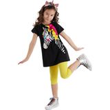 Denokids Zebracorn Siyah Sarı Fırfılı Kız Çocuk Yazlık T-Shirt Tunik Tayt Takım