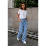 Denvy Denim Kadın Orta Mavi Kar Yıkamalı Yüksek Bel Lastikli Wide Leg Jean Pantolon