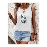 Deocept Kadın Çiçek Baskılı Yarım V-Yaka Kolsuz Regular Kalıp Rahat T-shirt
