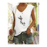 Deocept Kadın Kelebek Baskılı V-Yaka Kolsuz Regular Kalıp Rahat T-shirt