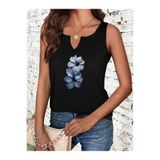 Deocept Kadın Mavi Çiçek Baskılı Yarım V-Yaka Kolsuz Regular Kalıp Rahat T-shirt