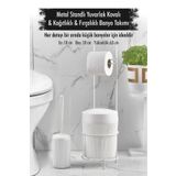 Depa Metal Standlı Yuvarlak Kovalı Kağıtlıklı Fırçalıklı Beyaz Banyo Takımı