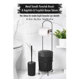Depa Metal Standlı Yuvarlak Kovalı Kağıtlıklı Fırçalıklı Siyah Banyo Takımı