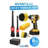 Depolife 6 Parça Araç Oto Detay Fırça Sünger Mikrofiber Bez Klima Jant Ev Koltuk Temizlik Matkap Ucu Başlık