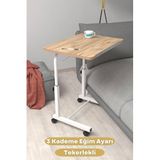 Depolife Eğim Yükseklik Ayarlı Laptop Sehpası Kahvaltı Ders Çalışma Bilgisayar Masası Metal Ayak Tekerlekli, tekerlekli-eğimli-ceviz-beyaz