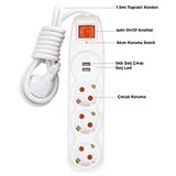 Depolife Voltaj Akım Korumalı 3lü Grup Priz Çocuk Koruma 2'li Usb Şarj 1,5 Mt Uzatma Kablolu Işıklı Anahtarlı Beyaz