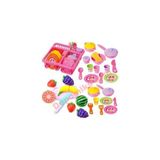 Depomiks Barbie Oyuncak Bulaşıklık Tabak Tencere Set + 10 Parça Kesilebilen Oyuncak Meyve Sebze Set Depomiks