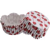 Depposite Cupcake Kalıbı Pet Kapsül Dalgalı Kek Kalıbı 65X38 mm - 100'LÜ Beyaza Sık Çilek Desenli