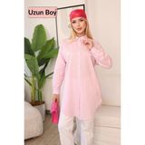 Deq Fashion Kadın Pembe Beyaz Çizgili Oversize Uzun Tunik Gömlek Tesettür Uyumlu Rahat Kalıp Salaş Gömlek