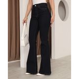 Deq Fashion Kadın Yüksek Bel Likralı Ispanyol Paça Jean Pantolon - Koyu Lacivert - 36