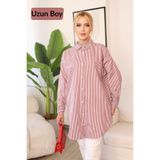 deqfashion Kadın Bordo Beyaz Çizgili Oversize Uzun Tunik Gömlek Tesettür Uyumlu Rahat Kalıp Salaş Gömlek