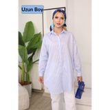 deqfashion Kadın Mavi Beyaz Çizgili Oversize Uzun Tunik Gömlek Tesettür Uyumlu Rahat Kalıp Salaş Gömlek