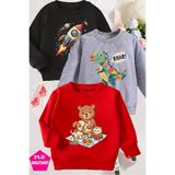Derays Ayıcık Baskılı Gri-Siyah-Kırmızı Üçlü Bisiklet Yaka Erkek Çocuk Sweatshirt