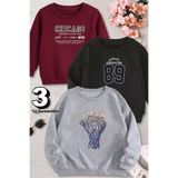 Derays Siyah-Bordo-Gri Üçlü Bisiklet Yaka Baskılı Erkek Çocuk Sweatshirt