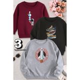 Derays Siyah-Bordo-Gri Üçlü Bisiklet Yaka Roket Baskılı Erkek Çocuk Sweatshirt