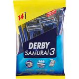 Derby Samurai 3 Tıraş Bıçağı - Krom Seramik Platin Kaplama, Oynar Başlıklı, E Vitamini İçeren, Erkekler İçin 14'lü Paket