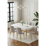 Deren Home Ada Gold Serisi 80X132 Açılabilir Masa +6 Adet Silinebilir Sandalye Metal Ayaklı Masa Takımı - Açık Gri