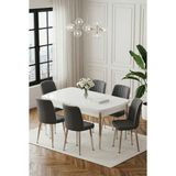 Deren Home Ada Gümüş Serisi 80X132 Açılabilir Masa +6 Adet Silinebilir Sandalye Metal Ayaklı Masa Takımı - Koyu Gri
