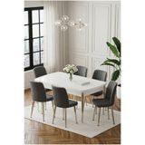 DEREN HOME Ada Gümüs Serisi 80x132 Açılabilir Masa +6 Adet Silinebilir Sandalye Metal Ayaklı Masa TakımıKoyuGri