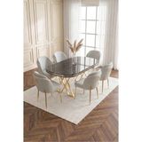 Deren Home Asil Gold Serisi 90X168 Mdf Lak Panel Masa Metal Ayak Yemek Mutfak Takımı+6 Adet Sandalye - Gri