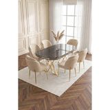 Deren Home Asil Gold Serisi 90X168 Mdf Lak Panel Masa Metal Ayak Yemek Mutfak Takımı+6 Adet Sandalye - Kapuçino