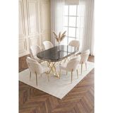 Deren Home Asil Gold Serisi 90X168 Mdf Lak Panel Masa Metal Ayak Yemek Mutfak Takımı+6 Adet Sandalye - Krem