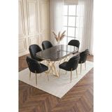 Deren Home Asil Gold Serisi 90X168 Mdf Lak Panel Masa Metal Ayak Yemek Mutfak Takımı+6 Adet Sandalye - Siyah