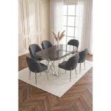 Deren Home Asil Gümüş Serisi 90X168 Mdf Lak Panel Masa Metal Ayak Yemek Mutfak Takımı +6 Adet Sandalye - Antrasit