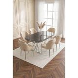 Deren Home Asil Gümüş Serisi 90X168 Mdf Lak Panel Masa Metal Ayak Yemek Mutfak Takımı +6 Adet Sandalye - Cappuccino