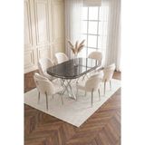 Deren Home Asil Gümüş Serisi 90X168 Mdf Lak Panel Masa Metal Ayak Yemek Mutfak Takımı +6 Adet Sandalye - Krem