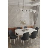 Deren Home Felix Serisi Babyface Kumaş 80X132 Açılabilir Mdf Masa Mutfak Salon Takımı 6 Adet Sandalye - Füme