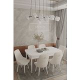 DEREN HOME Felix Serisi Babyface kumaş 80x132 Açılabilir MDF masa mutfak salon takımı 6 adet sandalye Krem